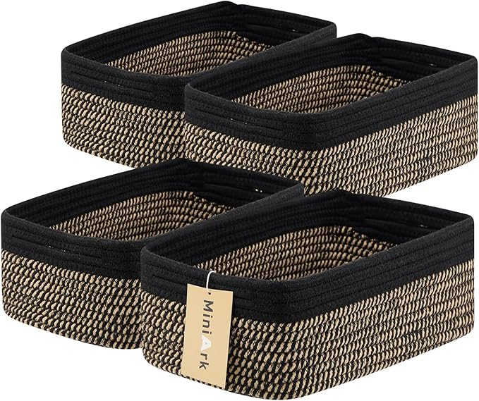 MiniArk Small Storage Baskets for Organizing | Closet Organizer Bins | Shelf Toy Basket | Woven Rope Baskets | Cube Decorative Box | Shallow Basket | 13x8.5x5.1” | 4 Packs Black Brown