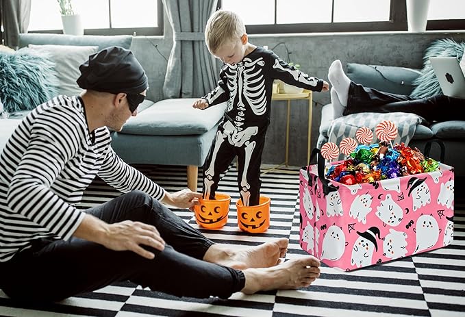 KUNRO Pink Ghost Pattern Storage Basket Gift Shelf Basket Storage Bin, Nursery Basket Organizer Box for With Handles for Room Deco