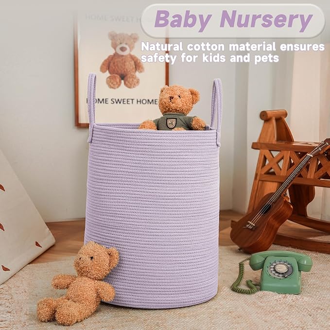 Large Woven Laundry Basket Hamper, 80L Cotton Rope Storage Bin for Blankets, Toys, and Clothes, Decorative Tall Nursery Hamper for Living Room, Baby Nursery, Bathroom, and Bedroom, Purple