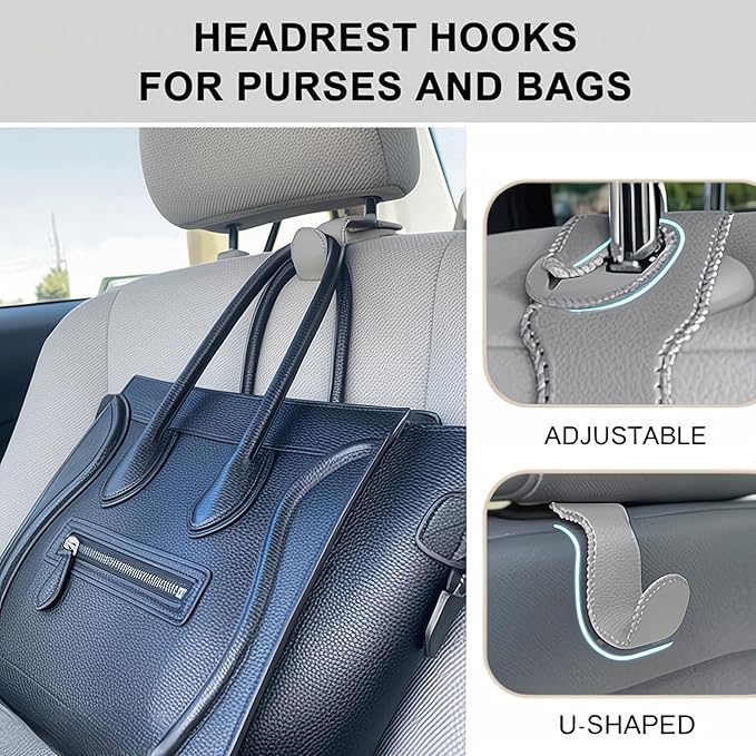 Car Seat Hooks for Purses and Bags, 2 Pack Car Purse Holder for Grocery Bag Handbag Clothes, Metal Headrest Hooks Covered by Leather, Gray