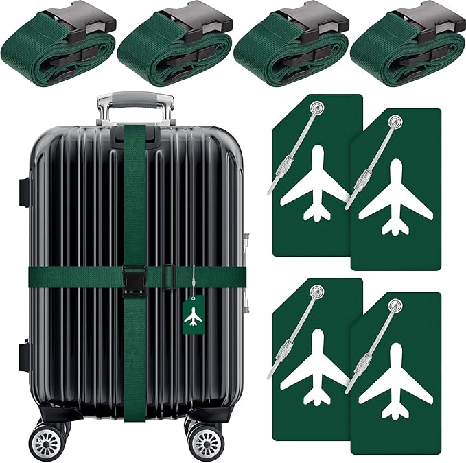 Weewooday 8 Pcs Luggage Straps Suitcase Tags Set for TSA Approved, 4 Travel Adjustable Suitcase Belt, 4 Silicone Luggage Tags with Name ID Card Travel Accessories(Dark Green,Airplane)