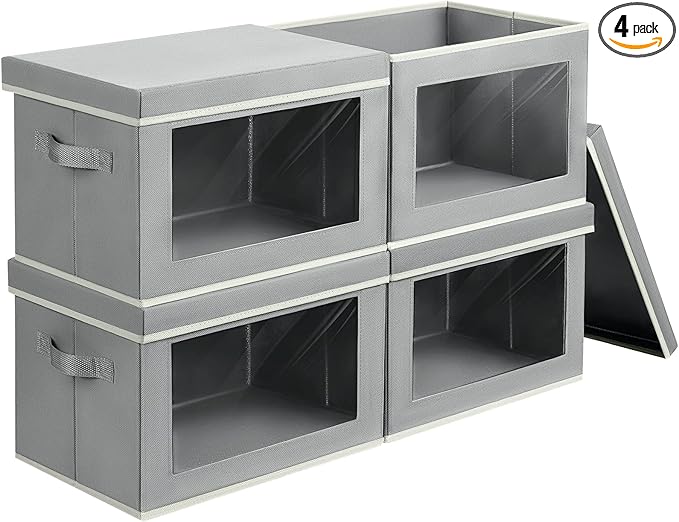 Collapsible Storage Bins with Lids, 4 Pack Closet Cubes for Organization, Fabric Storage Baksets with Window, Clothes Organizer bins for Home, Dorm, Grey