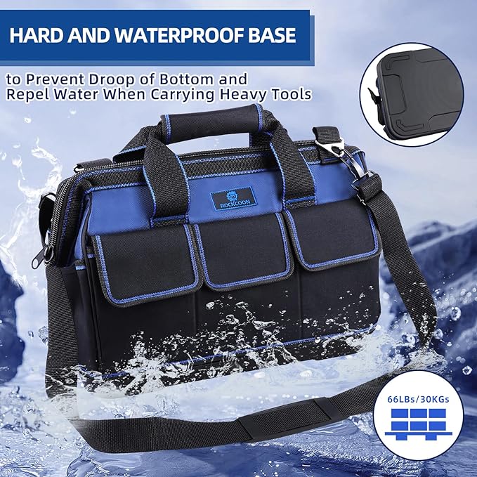 Tool Bag 16'', Multi-pocket Tool Organizer with Waterproof Plastic Base, Heavy Duty Tote with Shoulder Strap for Tool Storage, Black & Blue