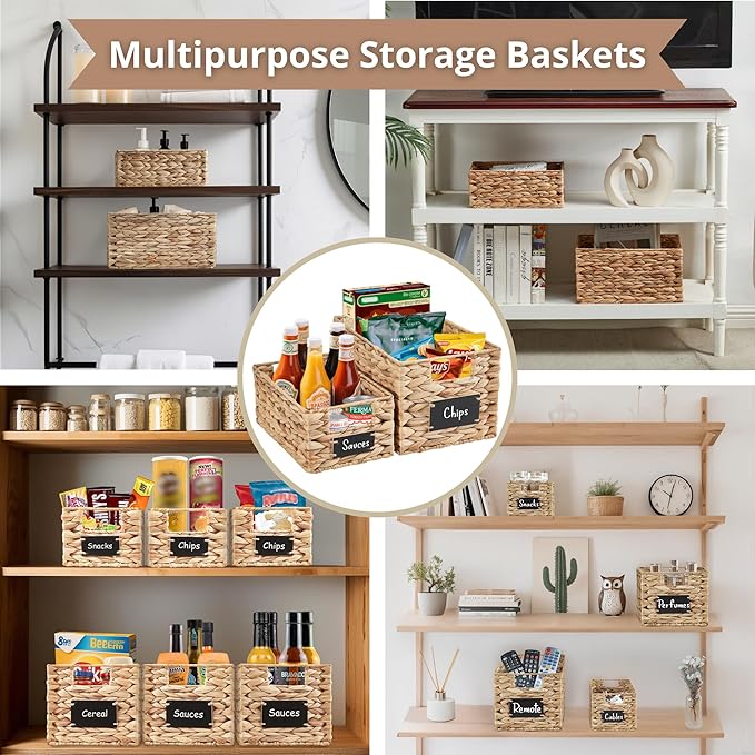 DECOMOMO Wicker Storage Baskets, Handwoven Pantry Baskets, Water Hyacinth Storage Baskets w/Chalkboard and Marker (Natural, Set of 2)