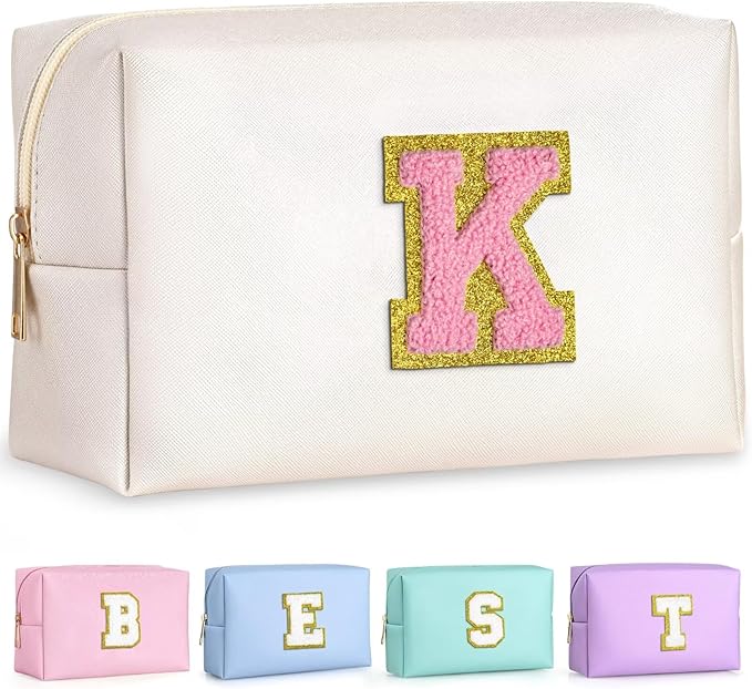 TOPEAST Initial Cosmetic Bag, PU Leather Waterproof Travel Toiletry Bag, Monogrammed Gifts for Women, Personalized Birthday Gift for Sister Friends, Cute Stuff for Girls (Pearly White K)