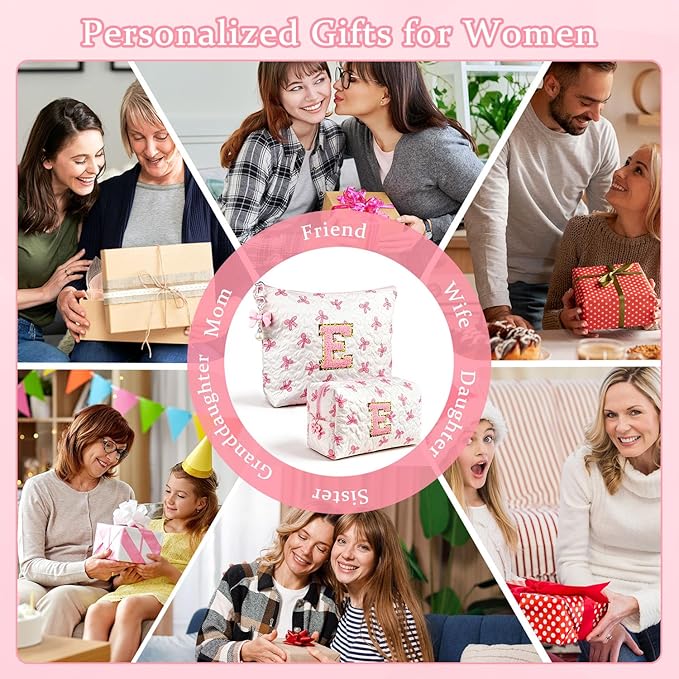 Initial Makeup Bag, Christmas Gifts for Women Teens Girls Birthday Gift Personalized Bow Cosmetic Bag, Quilted Cosmetic Travel Toiletry Pouch, Cute Makeup Organizer Teen Girl Gifts Trendy Stuff, K