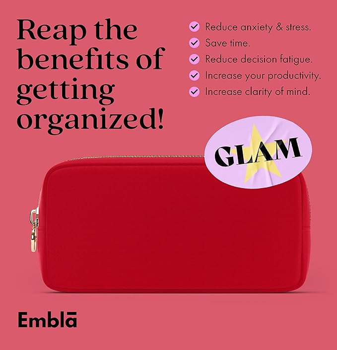 Embla Makeup Bag Travel Cosmetics Pouch and Toiletry Bag, Nylon Zipper Pouch Purse, Cute Make Up Organizer Storage Tote for Women Girls, Waterproof Travel Skincare Case, Small Makeup Bags, Ruby Red