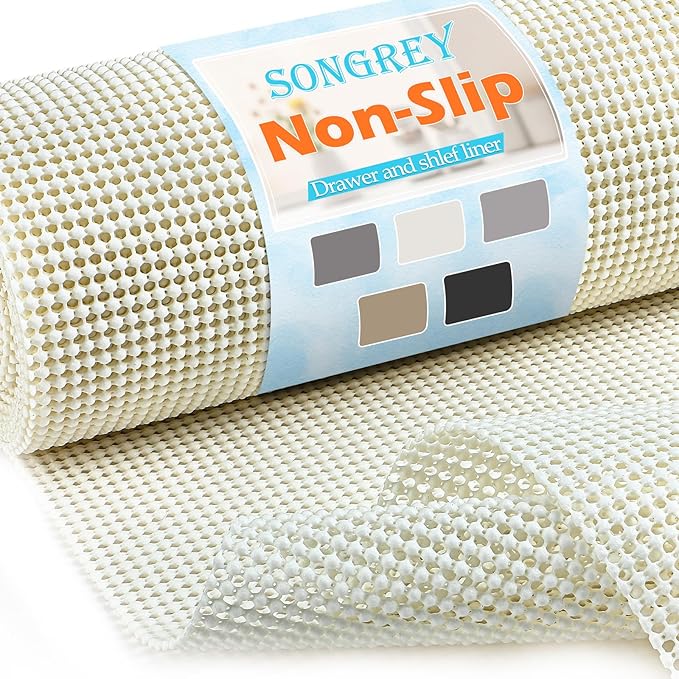 Songrey Non-Adhesive Drawer and Shelf Liner, Non Slip Cabinet Liners, Protect Kitchen Cupboard, Bathroom Drawers, Breathable, Thick Strong Grip mat (23.6IN x 20FT, Cream)