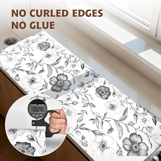 Drawer and Shelf Liner Black Flowers 12in x 20FT, Non Adhesive Anti-Slip Double Layer PVC Reusable Thickened Waterproof Easy Clean for Kitchen Cabinets Refrigerator with Knife Tape Measure