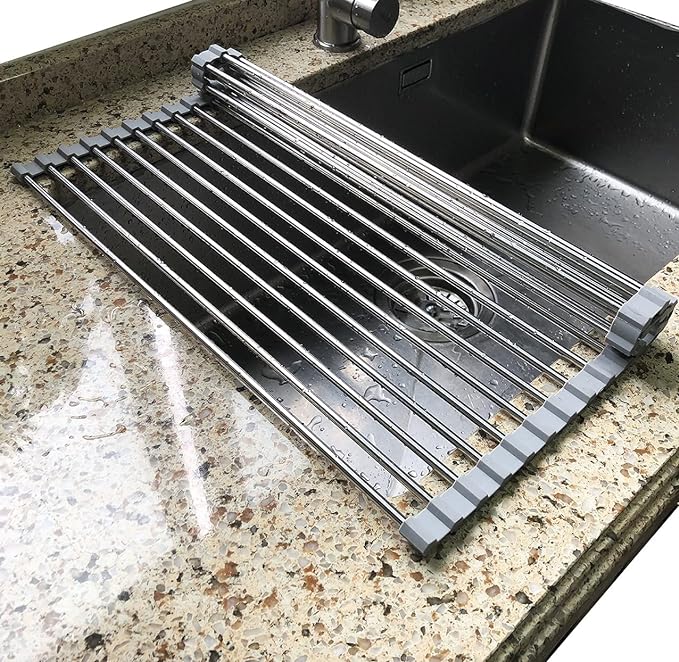 Tomorotec Roll Up Dish Drying Rack, Over The Sink Dish Drying Rack, Portable Stainless Steel Rolling Rack Multipurpose Kitchen Drainer Caddy Organizer Storage Shelf Holder, Gray