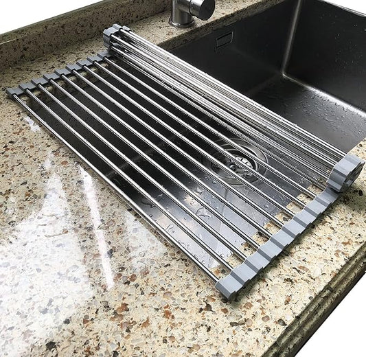 Tomorotec Roll Up Dish Drying Rack, Over The Sink Dish Drying Rack, Portable Stainless Steel Rolling Rack Multipurpose Kitchen Drainer Caddy Organizer Storage Shelf Holder, Gray