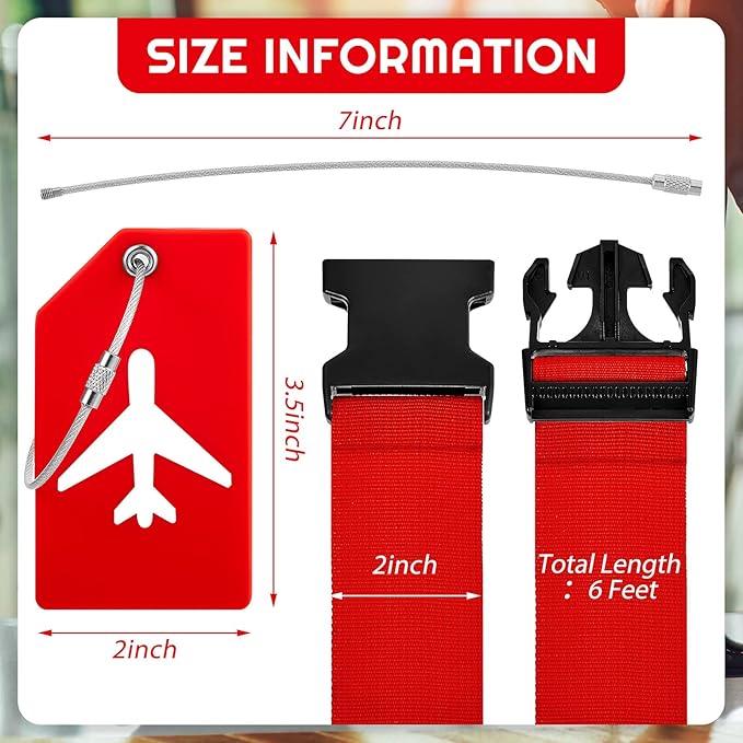 Weewooday 8 Pcs Luggage Straps Suitcase Tags Set for TSA Approved, 4 Travel Adjustable Suitcase Belt, 4 Silicone Luggage Tags with Name ID Card Travel Accessories(Red,Airplane)
