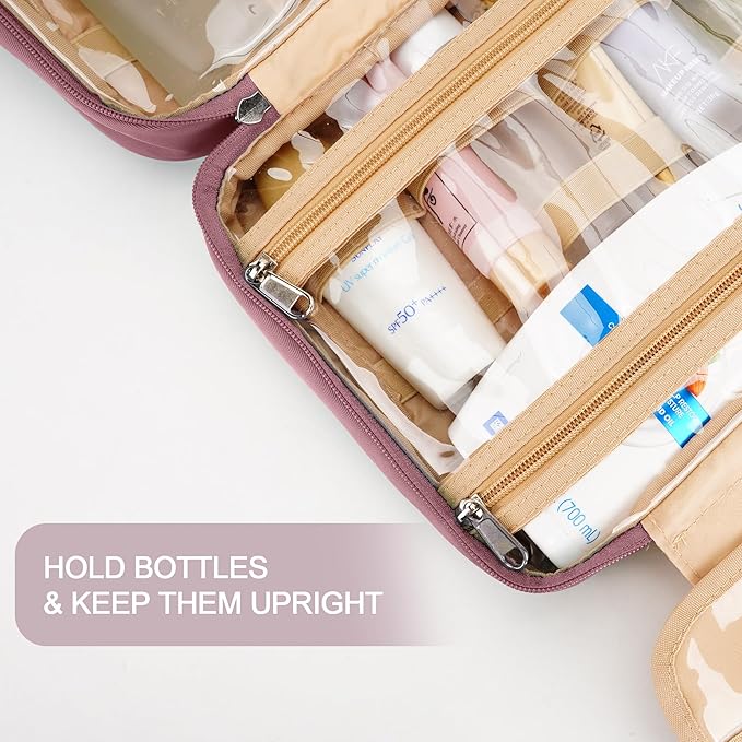 Travel Hanging Toiletry Bag for Women and Men, with 8 Leak-Proof Silicone Bottle Covers, Waterproof Makeup Accessories, Cosmetic Essentials, Toiletries Dopp Kit Set with Jewelry Organizer, Purple