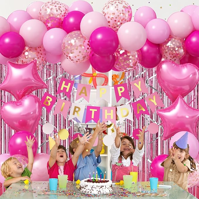Jobkoo Pink Birthday Decorations for Girls, Hot Light Pink Balloon Garland Arch Kit Happy Birthday Banner Foil Curtain Heart Star Foil Party Balloons for Princess Party Decor