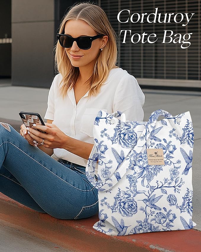 Miss Adola Corduroy Tote Bag for Women - Reusable Totes with Pocket & Buckle Cute Aesthetic Shoulder Bag for Work Travel