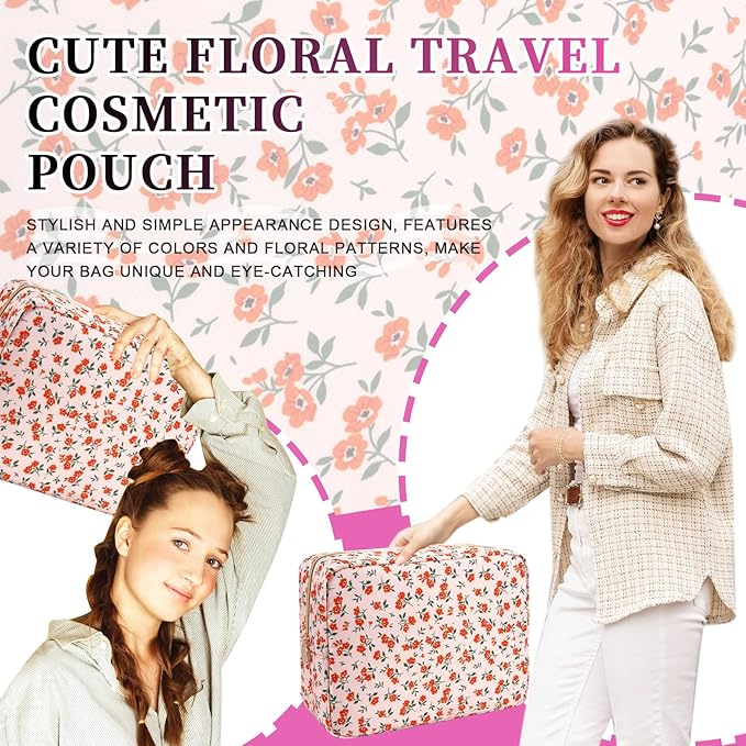 Waterproof Nylon Large Makeup Bag Travel Pouch, Floral Preppy Big Cosmetic Bag Make Up Organizer Toiletry Bag with Zipper, Large Capacity Cute Zipper Pouch Storage Bag for Women Girls(Orange Flower)