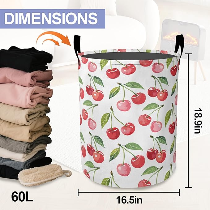 Cute Cherry Laundry Hamper Large Canvas Fabric Lightweight Storage Basket/Dirty Clothes Collapsible Waterproof for College Dorms, Boys and Girls Bedroom, Bathroom