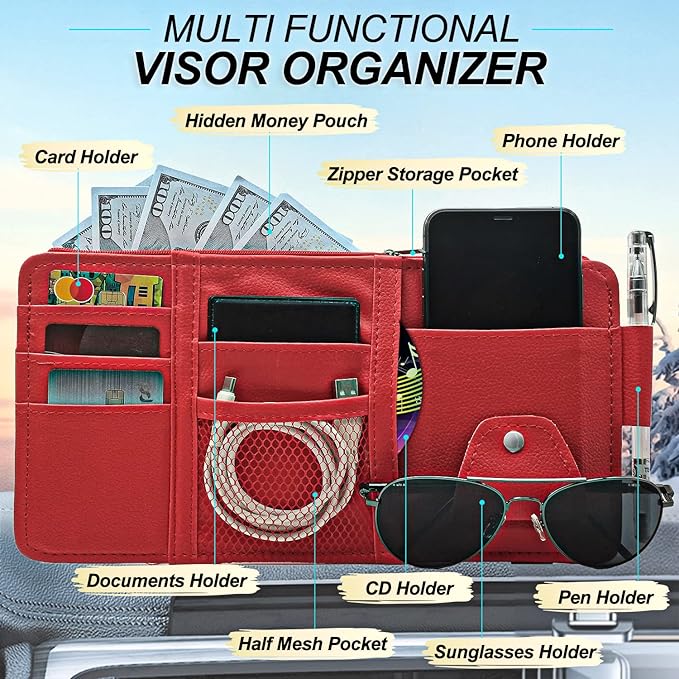 Keedolla Car Sun Visor Organizer with Multi-Pocket Net Zipper, Truck Visor Organizer Storage Pouch Holder for Cards, Pens, Sunglasses, CD Holder - Red