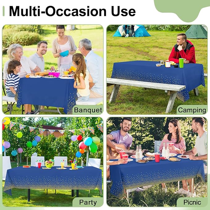 misaya 6 Packs Dot Disposable Table Cloth, 54 x 108 Inch Waterproof Plastic Tablecloth, Rectangle Gold Dots in Navy Table Covers for Picnic, Birthday, Party