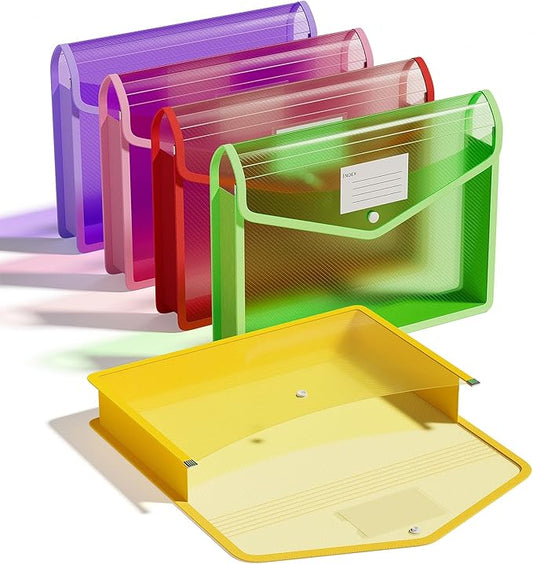 ThinkTex Plastic Expanding File Folder, Transparent Envelopes with Snap Closure,Suitable for Home, Office, School and Hospital, Large Capacity，No Dividers, Dopamine-5-Color, Fit Letter/A4 Size-5 Pcs