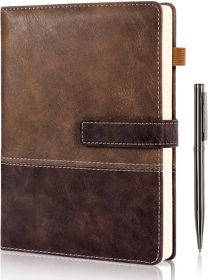 Leather Notebook Journal with Pen, A5 Lined Hardcover Notebook with Magnetic Closure, 240 Pages Daily Journal for Men Women, Ruled Journal Notebooks for Work, Writing, Note Taking - Brown