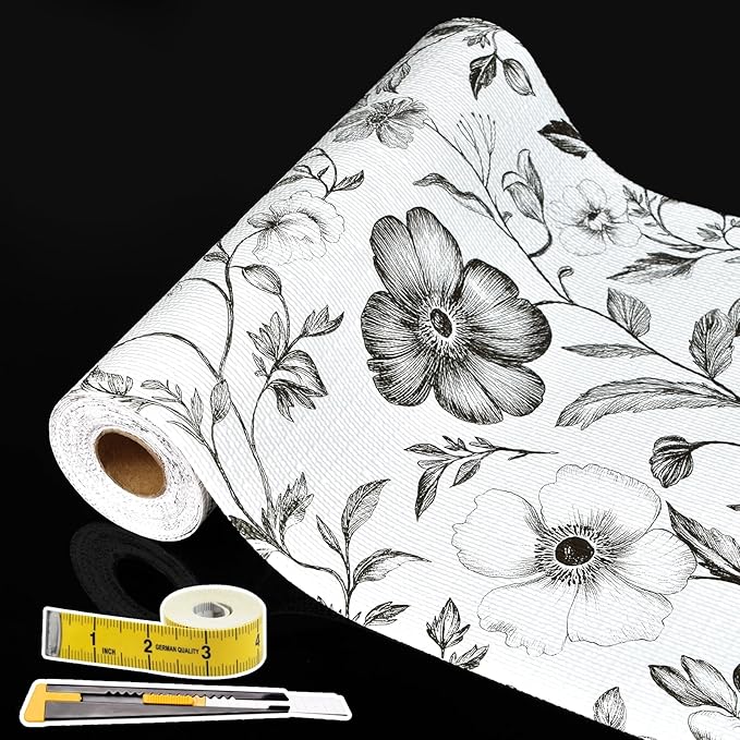 Drawer and Shelf Liner Black Flowers 17in x 20FT, Non Adhesive Anti-Slip Double Layer PVC Reusable Thickened Waterproof Easy Clean for Kitchen Cabinets Refrigerator with Knife Tape Measure