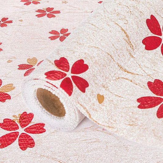 FIFTY FEET 18"x96" Non-Adhesive Shelf Liner for Kitchen Cabinets and Drawers, Washable Non-Slip PVC Cabinet Liner (Red Floral)(10 Roll)