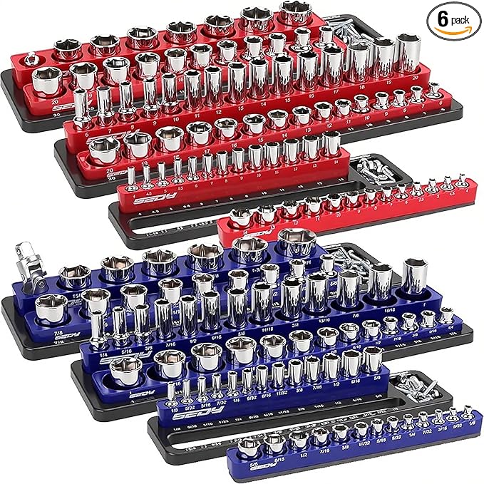 Magnetic Socket Holder Organizer Set: 6-Piece Detachable 1/2 3/8 1/4 Drive Sockets Storage Tray Magnetic Socket Organizer Tool Box Drawer Tool Box Organizers Storage Metric SAE (Sockets Not Included)