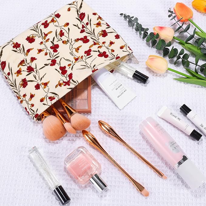 ZLFSRQ 2Pcs Daisy Flower Makeup Bag Travel Cute Cosmetic Bags for Women Large Floral Toiletry Pouch Zipper Cosmetic Pouch Set for Purse Aesthetic Corduroy Makeup Organizer Bag Portable Toiletry Bags