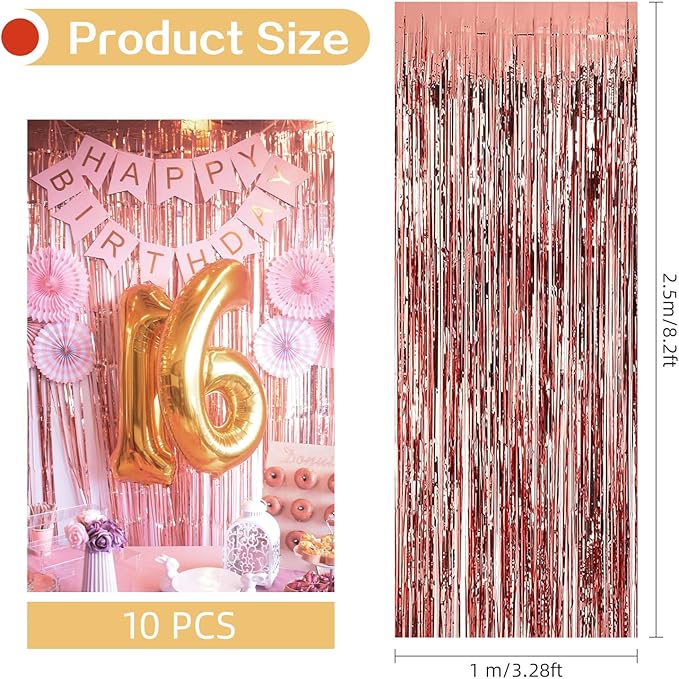 10 Pack Rose Gold Backdrop Curtain 3.2ft x 8.2ft Metallic Tinsel Foil Fringe Curtains Photo Booth Background for Birthday Party Decoration Baby Shower Engagement Wedding Christmas Decoration