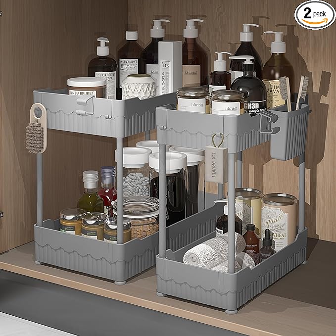 Sevenblue 2 Pack Under Sink Organizer, Under Bathroom Cabinet Organizer with Hooks Hanging Cup, Multi-Purpose Storage Shelf for Kitchen Bathroom (Gray, XL)