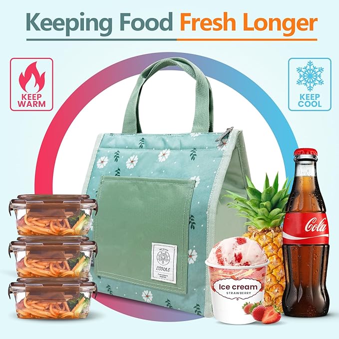 Lunch Bag for Women Men, Reusable Leakproof Lunch Tote with Thermal Lining, 7L Insulated Portable Lunch Box Cooler Bag for Work, Office, Picnic, Beach & Travel –Green Flower(2PACK)