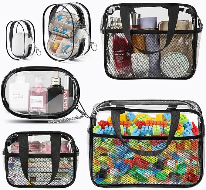 XEWEA Clear Travel Toiletry Bags & Small Electronic Accessories Organizer Case, 6 PCS TSA Approved Transparent Makeup Bag for Women Men, Waterproof PVC Quart Pouch with Zipper for Airline Essentials