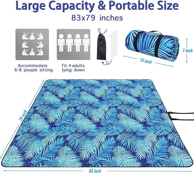PY SUPER MODE Picnic Blankets Extra Large, Waterproof Foldable Outdoor Beach Blanket Oversized 83x79” Sandproof, 3-Layer Picnic Mat for Camping, Hiking, Travel, Park, Concerts (Blue Leaves)