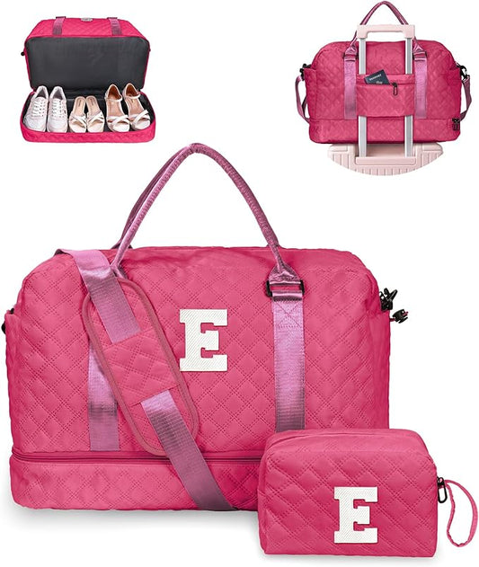 Girls' Bags, Birthday Gift - Initial Travel Bag with Shoe Compartment, Personalized Weekender Bag, Monogram Overnight Bag for Women, Letter Travel Bag with Makeup Bag (Letter E)