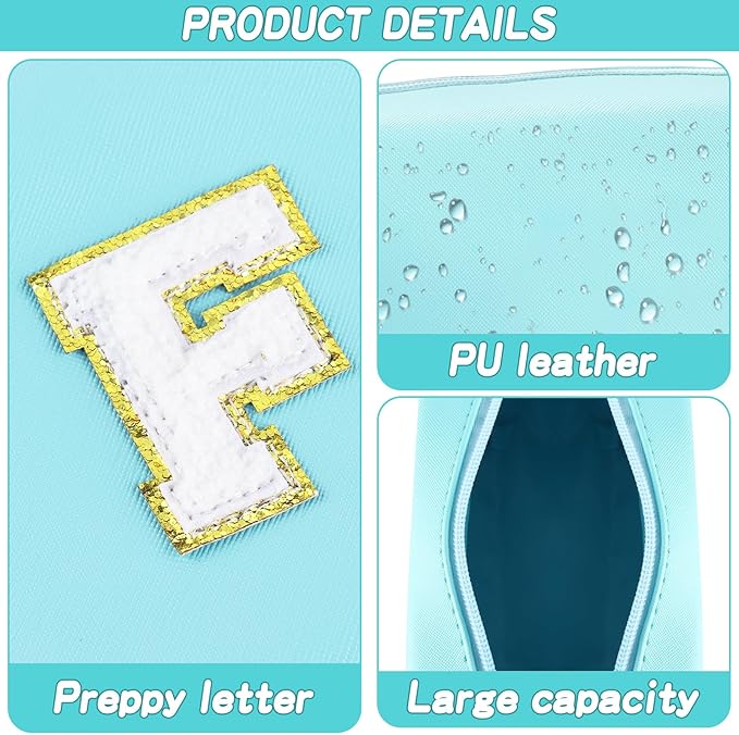 Gifts for Girls Initial Makeup Bag Personalized Cosmetic Bag with Zipper Cute Travel Toiletry Bag Waterproof PU Preppy Makeup Pouch Birthday Gift for Teen Girls Women(Blue F)