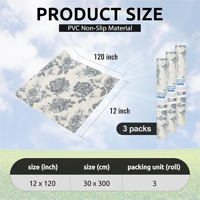 18X96 Inch Shelf Liner for Kitchen Cabinets, PVC Drawer Liner for Dresser Non-Slip Bathroom, Non-Adhesive Cabinet Liner Washable (Black Flower)(3 Roll)