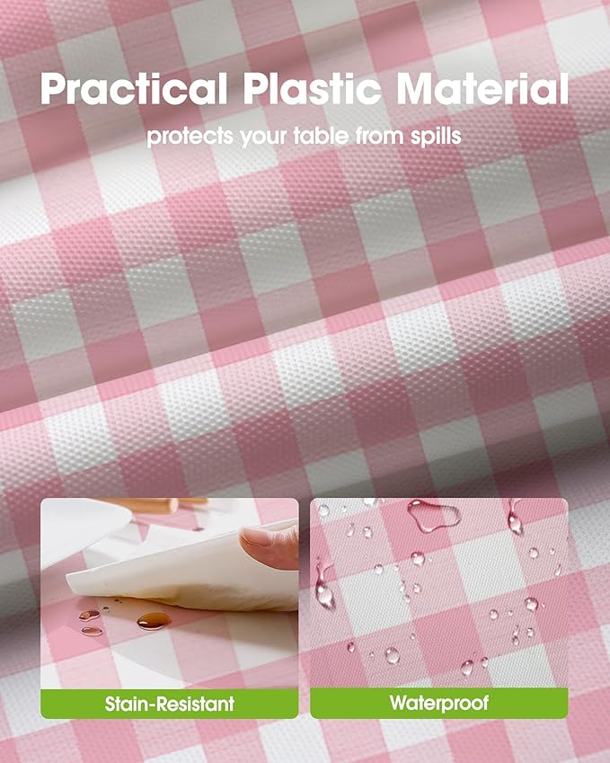 Pureegg Plastic Table Cloth Disposable 10 Pack, 54 x 108 Inch Table Cloths, Party, Picnic, Decorative Gingham Tablecloths, Rectangle, Pink and White Checkered Cover, Leakproof & Sturdy, Pink Plaid