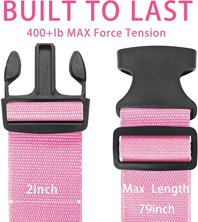 BILIONE 4 Pack Luggage Straps 79" Long Belts Keep Suitcase Secure While Traveling, TSA Approved Add a Bag Premium Accessory for Travel Bag Closure (2PCS Black + 2PCS Pink)