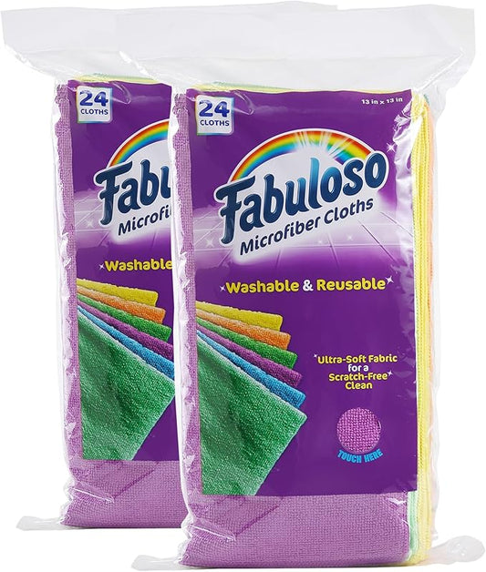 Fabuloso Microfiber Cleaning Cloths for Home & Car, Lint-Free Scratch-Free Rags for Glass, Kitchen & Wood, Reusable Machine Washable, Absorbent for Dusting & Wiping, Rainbow, 13 x 13 in, 24 Ct - 2 Pk