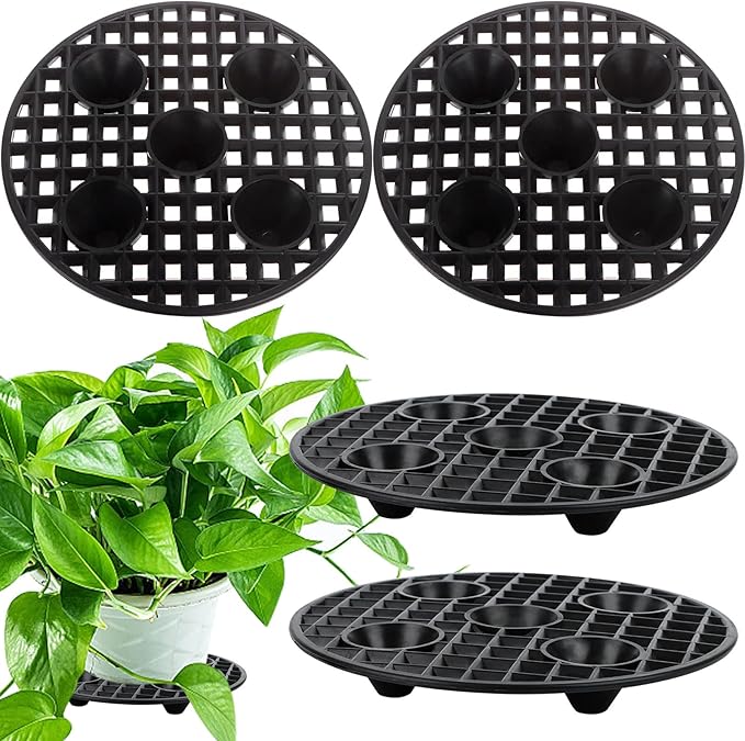 JiaUfmi 4 Pcs Plant Pot Elevator, Heavy Duty Stand, Black Round Plant Holder, 8 Inch Plastic Risers for Indoor Outdoor Garden Deck Floor Protector (4 Pieces)