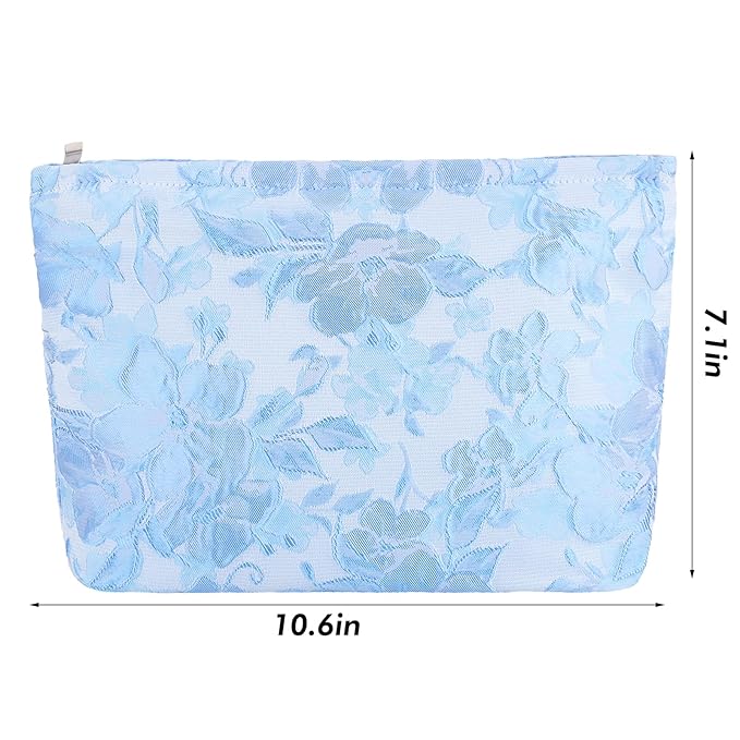 ZLFSRQ Flower Makeup Bag Travel Cute Floral Cosmetic Bags for Women Large Toiletry Pouch Zipper Cosmetic Pouch for Purse Aesthetic Embossed Blue Makeup Organizer Bag Portable Toiletry Bags