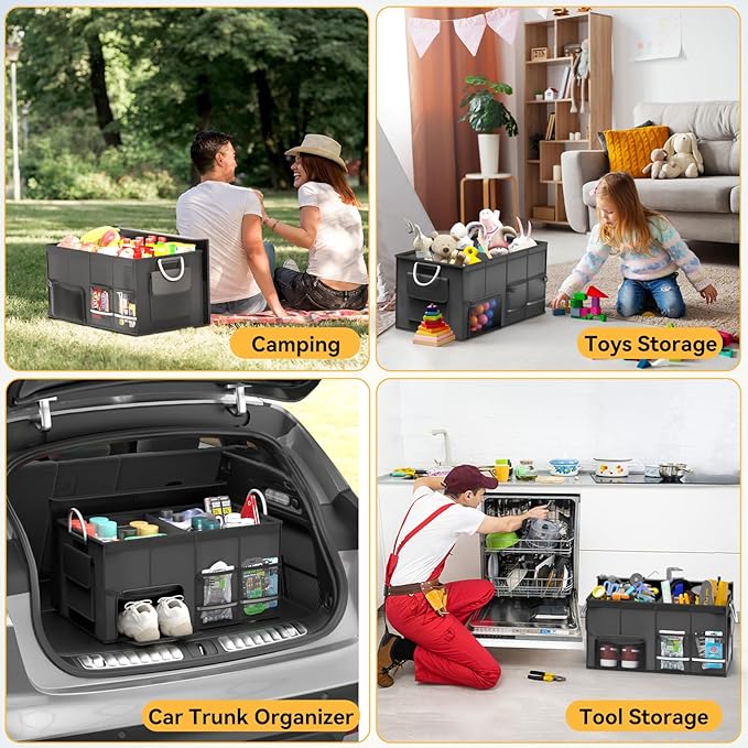 SUV Car Trunk Organizer with Lid 56L, Collapsible Golf Trunk Organizer, Multi-Compartment Car Caddy Organizer, Heavy-Duty Grocery Organizer for Car, Storage Bin Cargo Box for SUV Cargo Van Accessories