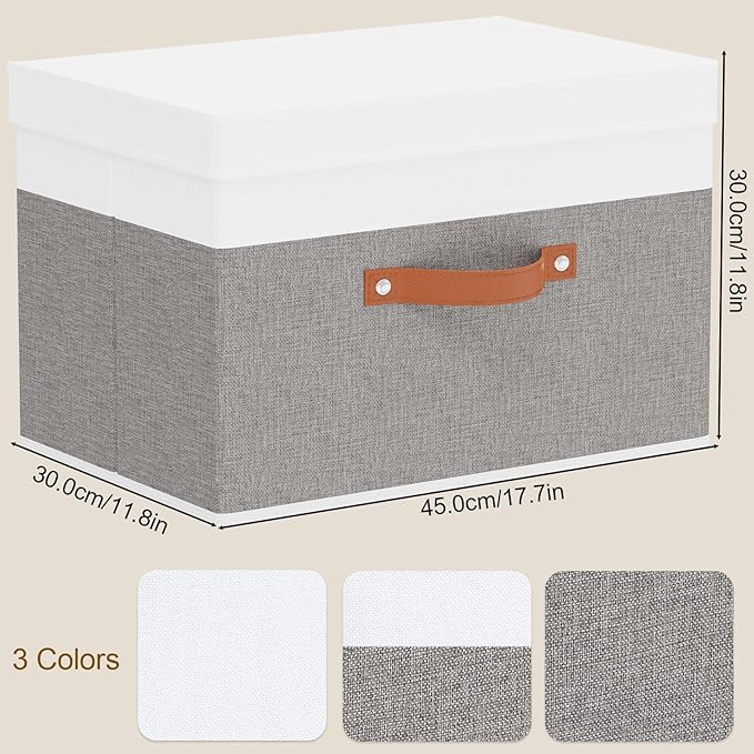 YheenLf Storage Bins, Storage Baskets with Lids, 17.7 x 11.8 x 11.8 Inch Closet Organizer Boxes with Double Handles, White and Grey, 3-Pack