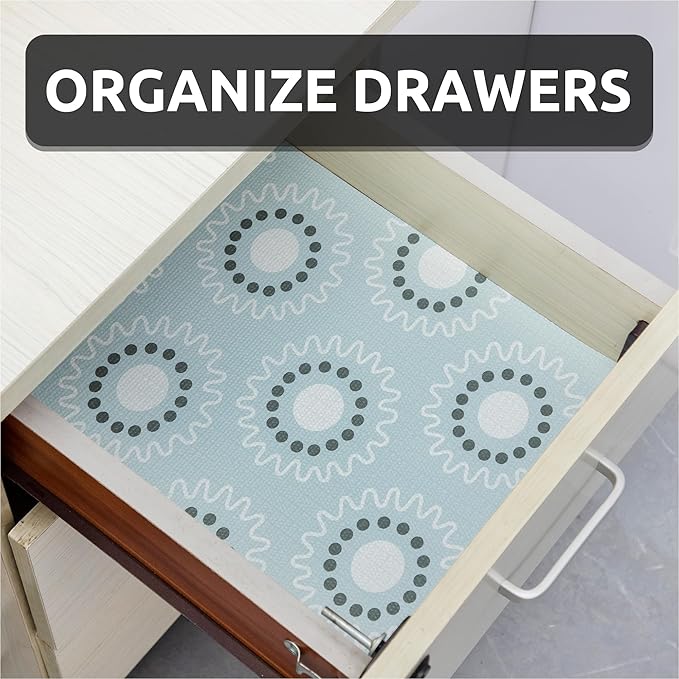 FIFTY FEET 18X96 Inch Shelf Liner for Kitchen Cabinets, PVC Drawer Liner for Dresser Non-Slip Bathroom, Non-Adhesive Cabinet Liner Washable (Blue Circle)(1 Roll)