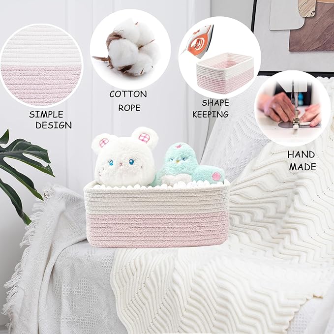 COMFY-HOMI 13" x 8.5" x 5.1" Storage Baskets for Organizing | Cotton Rope Woven Basket | Toy Storage Bin Box | Basket for Shelves, Closet Organizer Bin, Decorative Closet Shelf, 1 Pack, white/pink