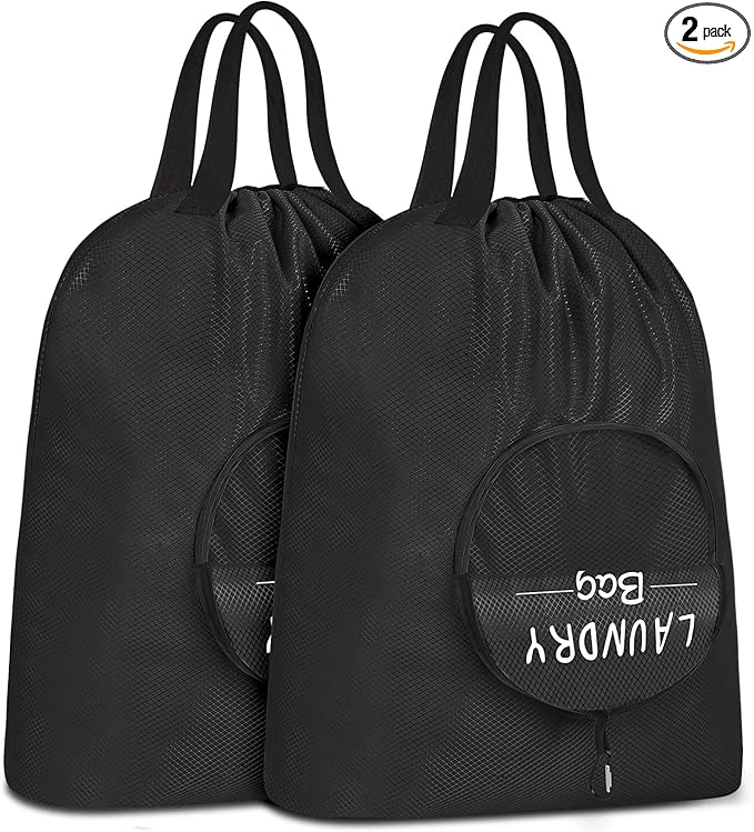 Sylfairy 2 Pack XL Laundry Bag with Strap, Heavy Duty Travel Laundry Bag, Rip-Stop Dirty Clothes Shoulder Bag with Drawstring, Easy Fit a Laundry Hamper or Basket Travel Essentials (Black)