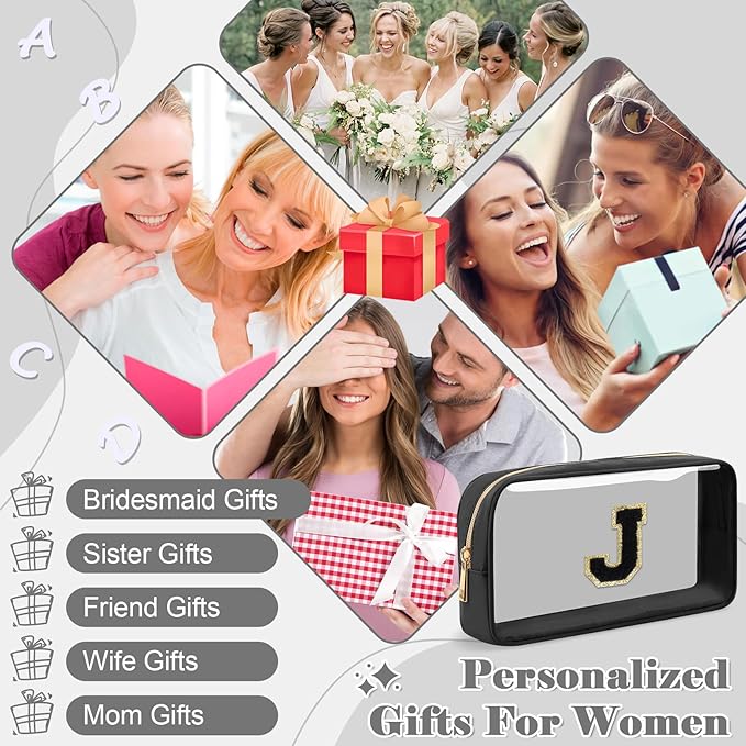 Personalized Initial Letter Clear Makeup Bag, Preppy Small Nylon & PVC Cosmetic Zipper Bag with Chenille Letter, Travel Skincare Toiletry Bag, Monogram Christmas Gift for Teen Girls Women, J