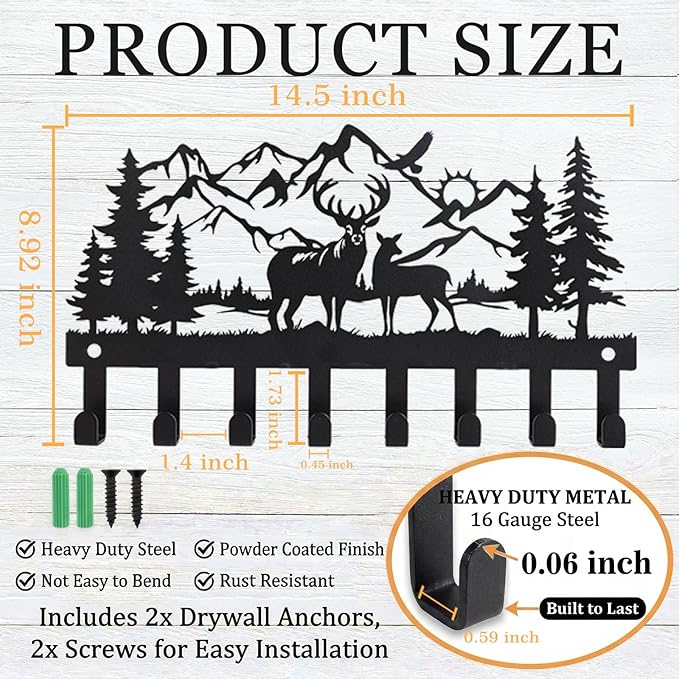 Deer Metal Key Holder for Wall, 14.5" X 8.9", Key Hooks for Wall Organizer, Key Rack, Forest Theme Coat Hat Towel Hooks, Ideal for Living Room, Hallway, Office