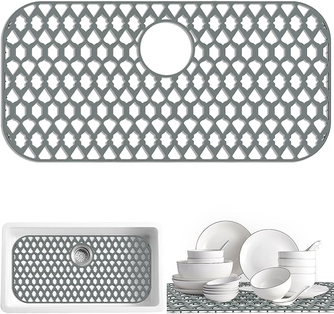 Sink Protectors for Kitchen Sink, Kitchen Sink Accessory - Silicone Mats Grid for Stainless Steel Strainer Bottom of Farmhouse Porcelain sinks (28”x14.4”, Rear Drain)